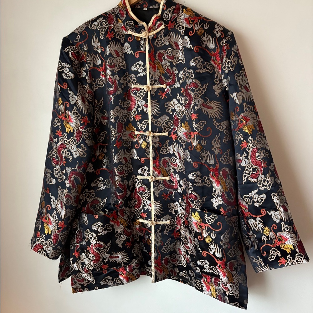 Elegant Black Embroidered Jacket with Red and Gold Dragons Chinese Brocade Tang